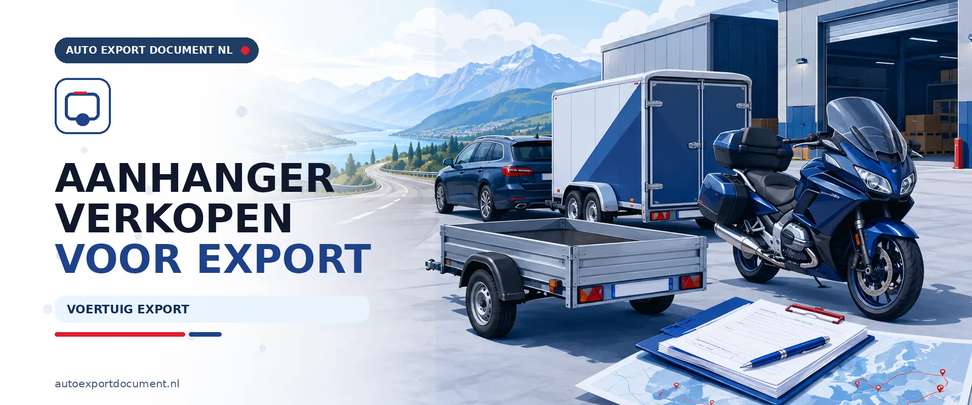 Aanhanger verkopen voor export – banner van Auto Export Document met RDW exportdocument en vrijwaringsbewijs voor aanhangers en trailers vanuit Nederland