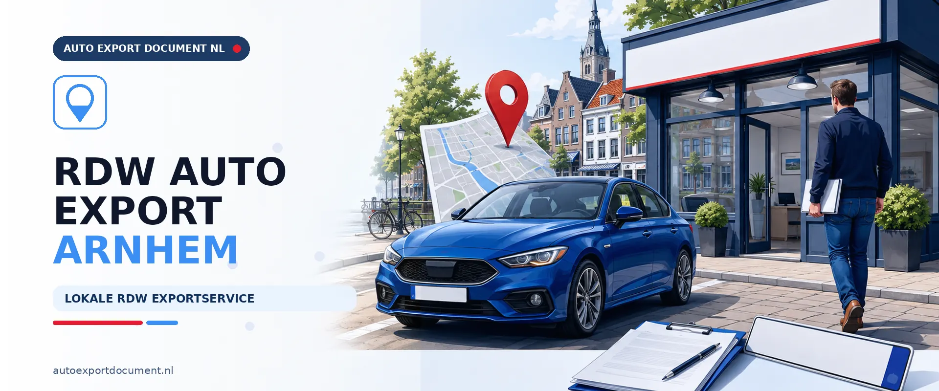 RDW auto export Arnhem – banner van Auto Export Document met blauwe auto, routekaart en exportkantoor voor het maken van auto export papieren vanuit Arnhem