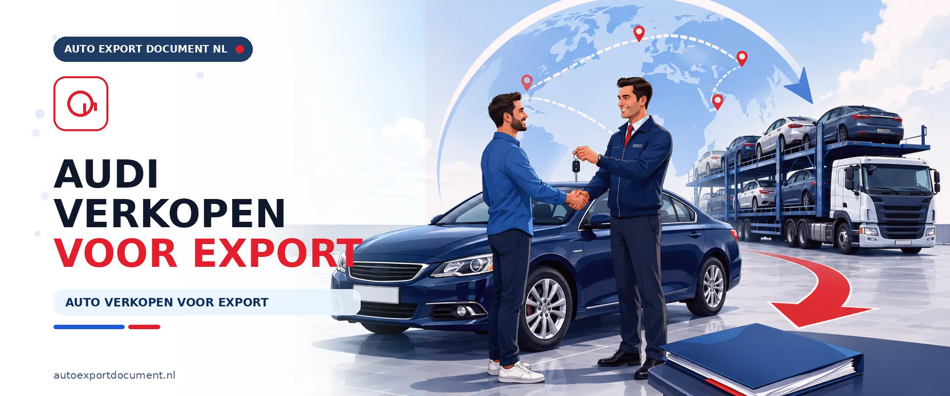 Audi verkopen voor export – banner van Auto Export Document met verkoper en koper die de autoverkoop bezegelen en een autotransporter voor internationale export