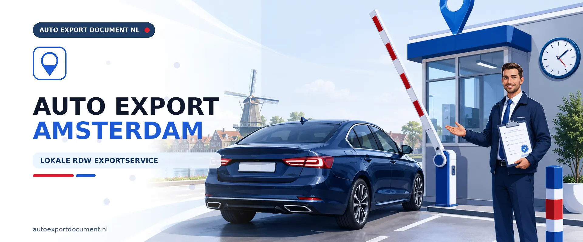 Auto export Amsterdam – banner van Auto Export Document, RDW erkend exportkantoor voor exportdocument, exportverzekering en exportkentekens voor voertuigen vanuit Amsterdam
