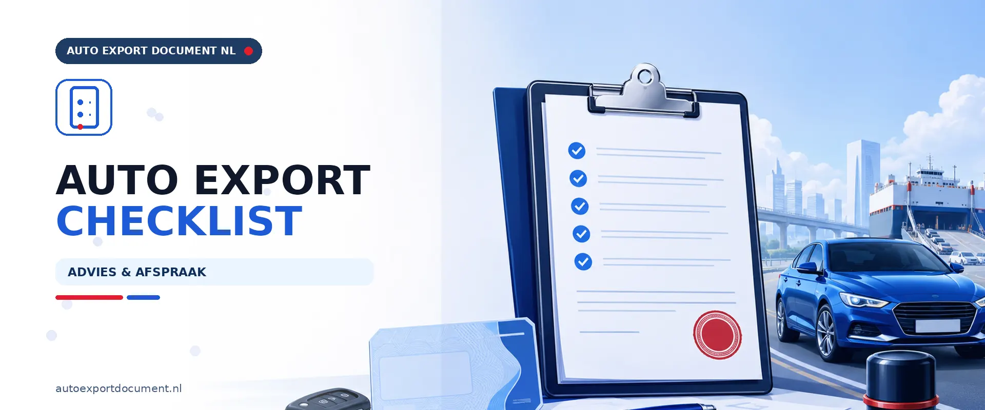 Auto export checklist – banner van Auto Export Document Nederland met alle documenten en stappen voor het exporteren van een auto vanuit Nederland