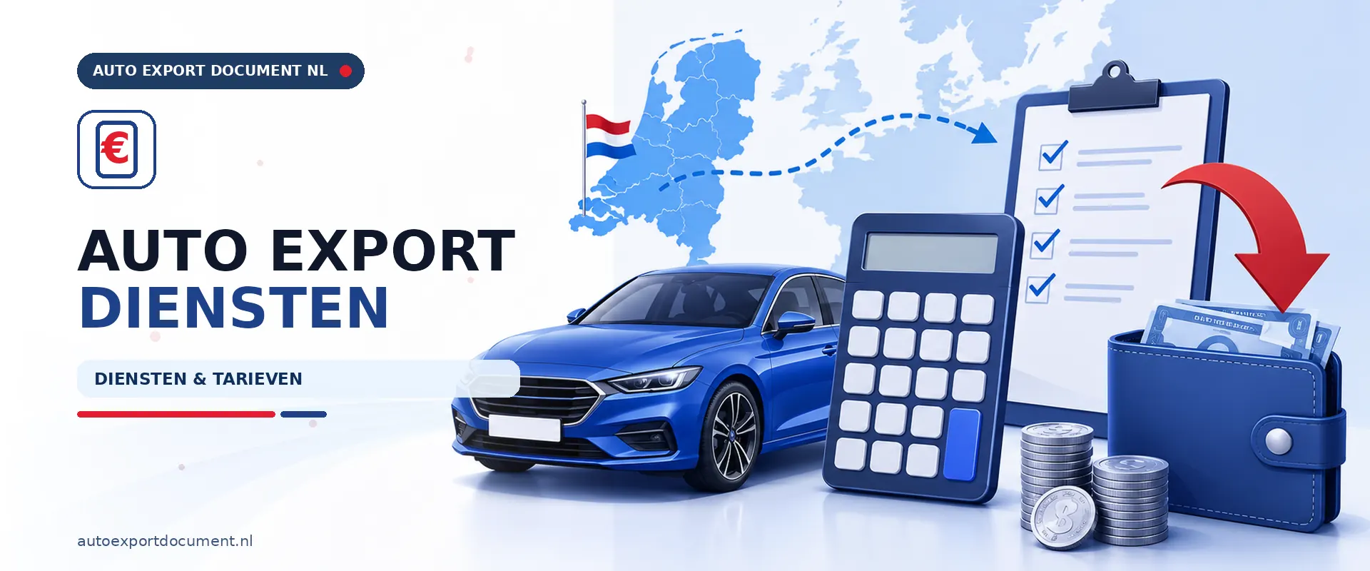 Auto export diensten – banner van Auto Export Document Nederland met het complete aanbod: RDW exportdocument, exportverzekering en exportkentekens