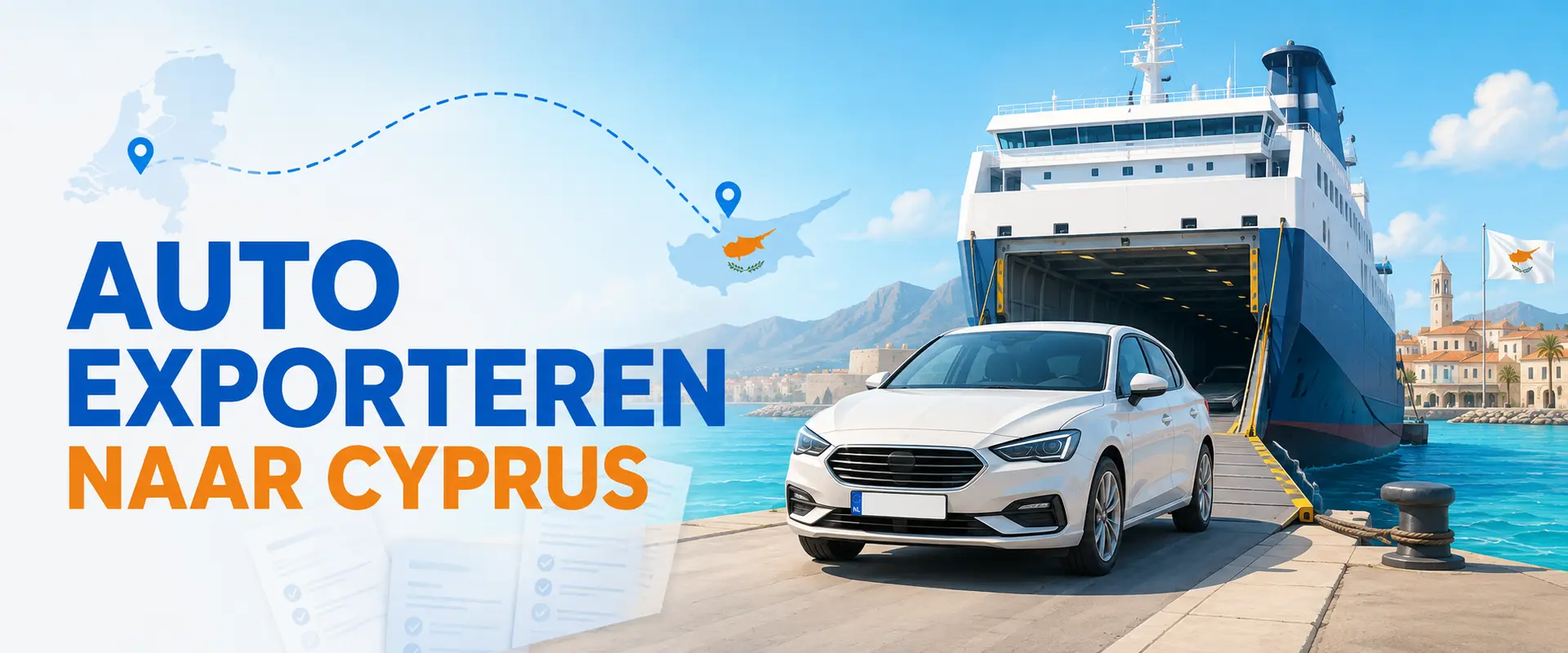 Auto export naar Cyprus – banner van Auto Export Document met auto op weg naar de haven voor verscheping van Nederland naar Cyprus