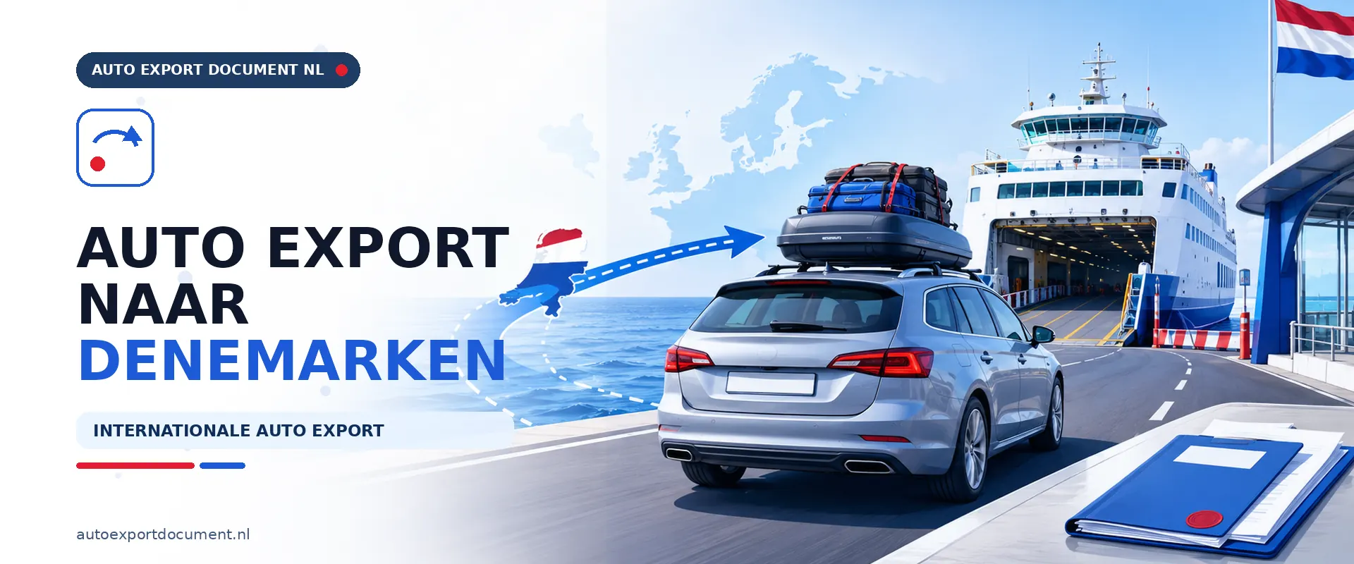Auto export naar Denemarken – banner van Auto Export Document met auto op weg naar de ferry voor internationale auto export van Nederland naar Denemarken