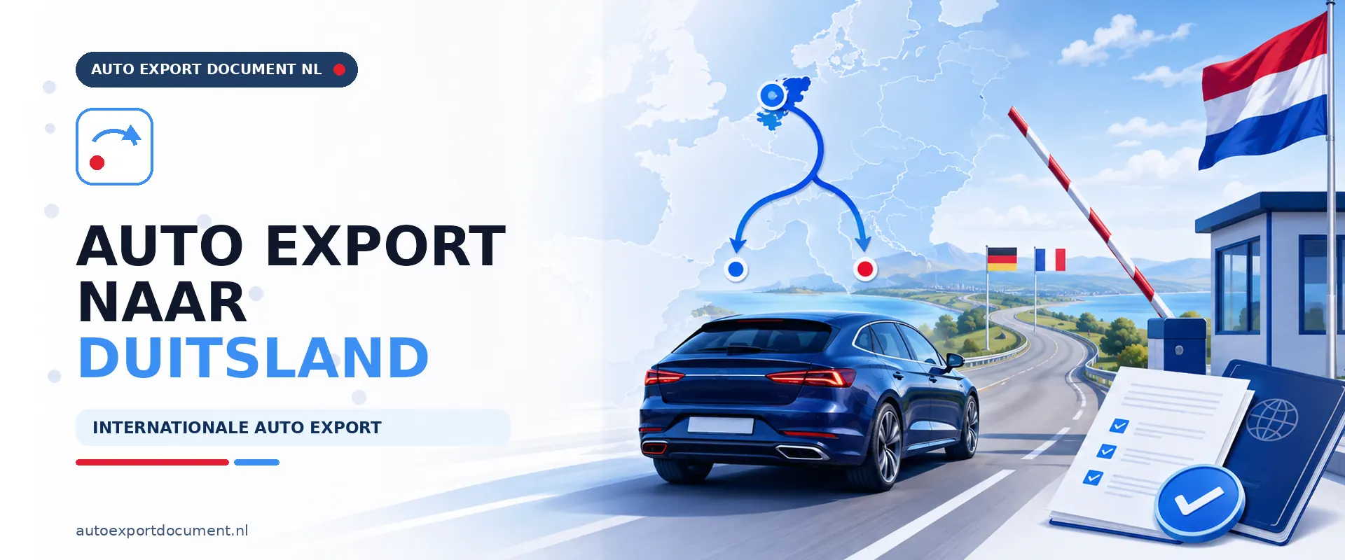 Auto export naar Duitsland – banner van Auto Export Document met auto bij de grensovergang en exportroute van Nederland naar Duitsland