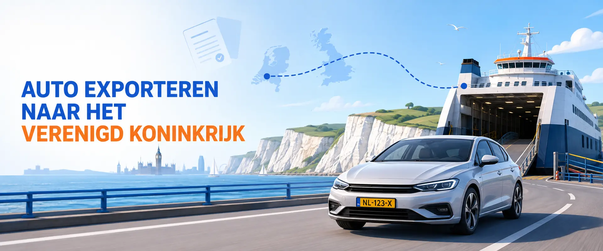 Auto export naar Engeland – banner van Auto Export Document met auto op weg van Nederland naar het Verenigd Koninkrijk