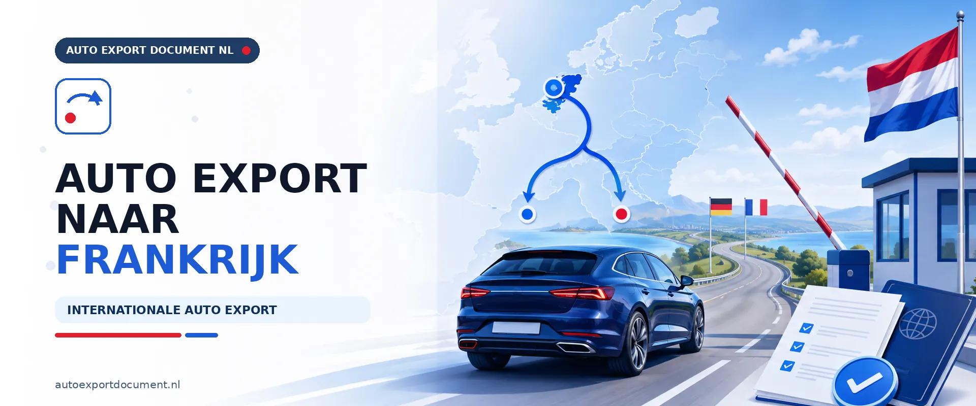 Auto export naar Frankrijk – banner van Auto Export Document met auto, RDW exportdocument en exportroute van Nederland naar Frankrijk