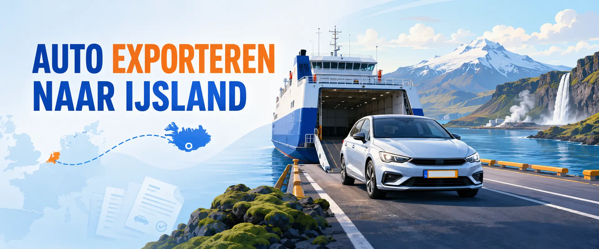 Export car to Iceland - Auto Export Document banner showing a car travelling from the Netherlands to Reykjavík, Iceland