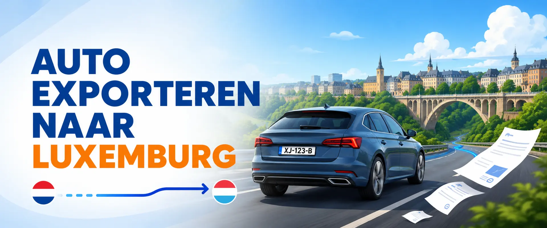 Auto export naar Luxemburg – banner van Auto Export Document met auto op weg van Nederland naar het Groothertogdom Luxemburg