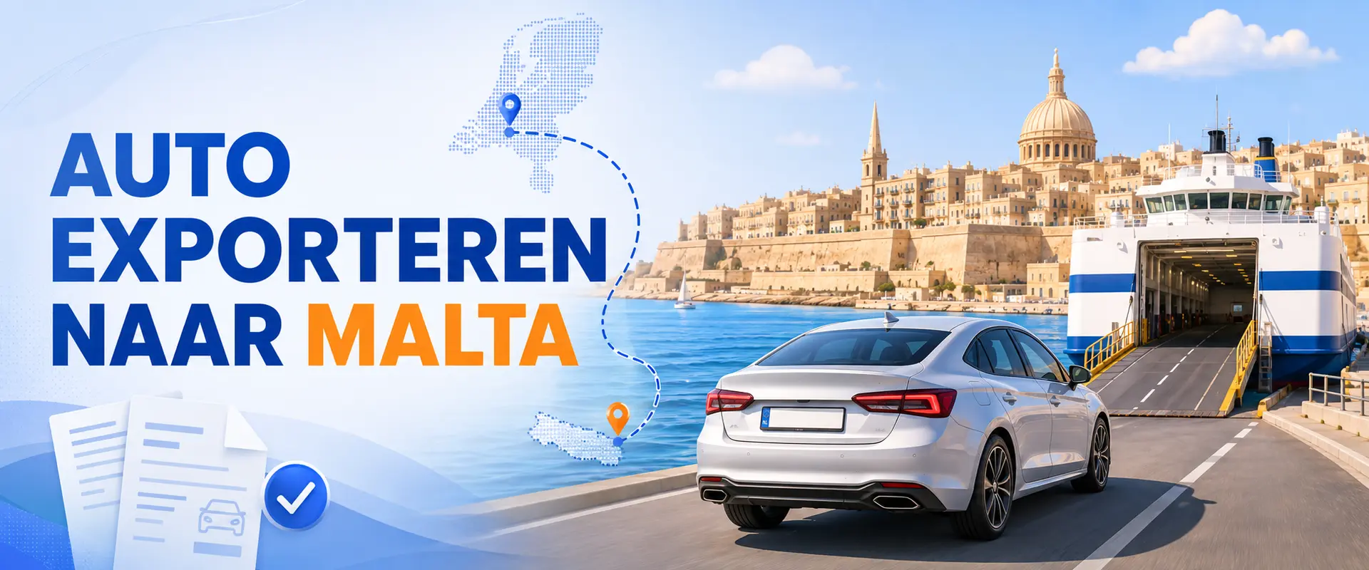 Auto export naar Malta – banner van Auto Export Document met auto op weg van Nederland naar Valletta, Malta