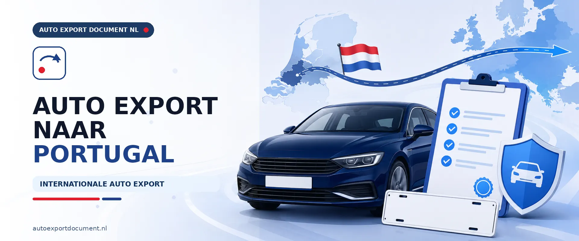 Auto export naar Portugal – banner van Auto Export Document met auto, RDW exportdocument en exportroute van Nederland naar Portugal