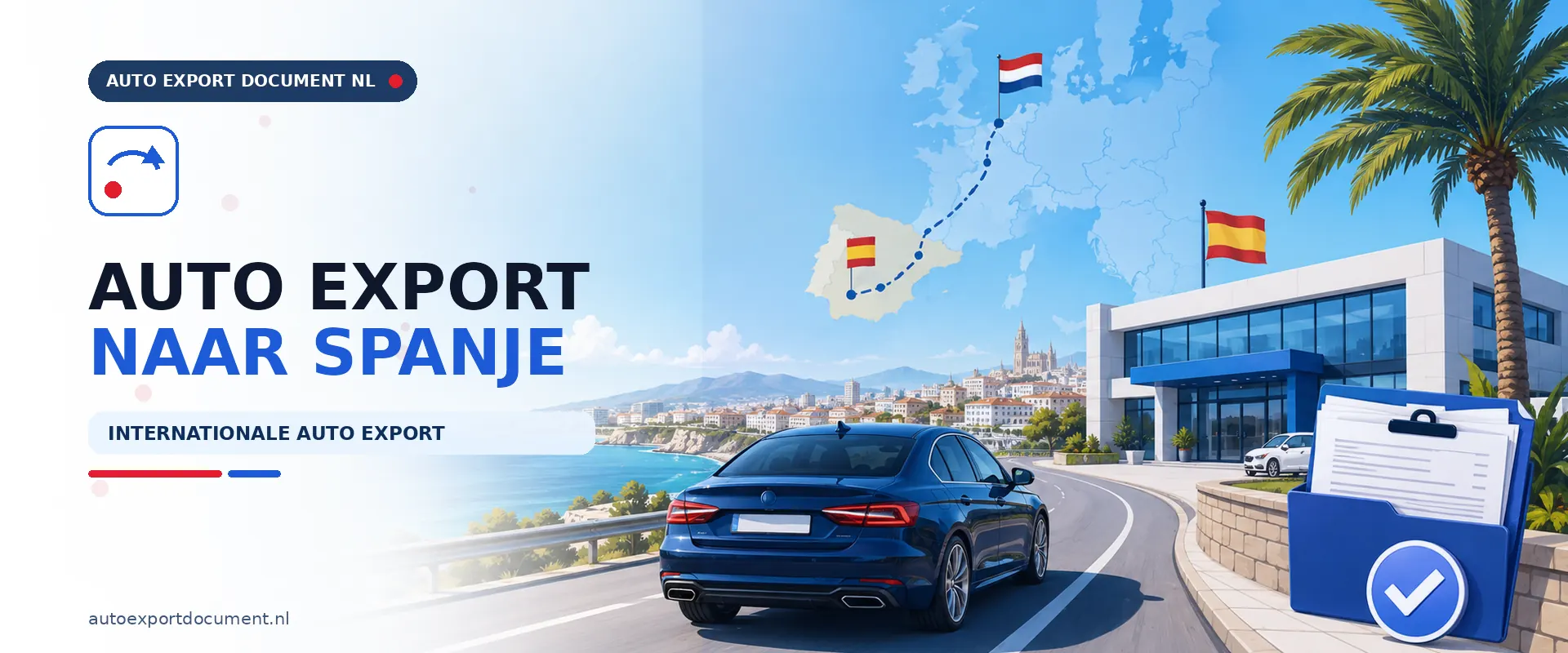 Auto export naar Spanje – banner van Auto Export Document met auto, RDW exportdocument en exportroute van Nederland naar Spanje