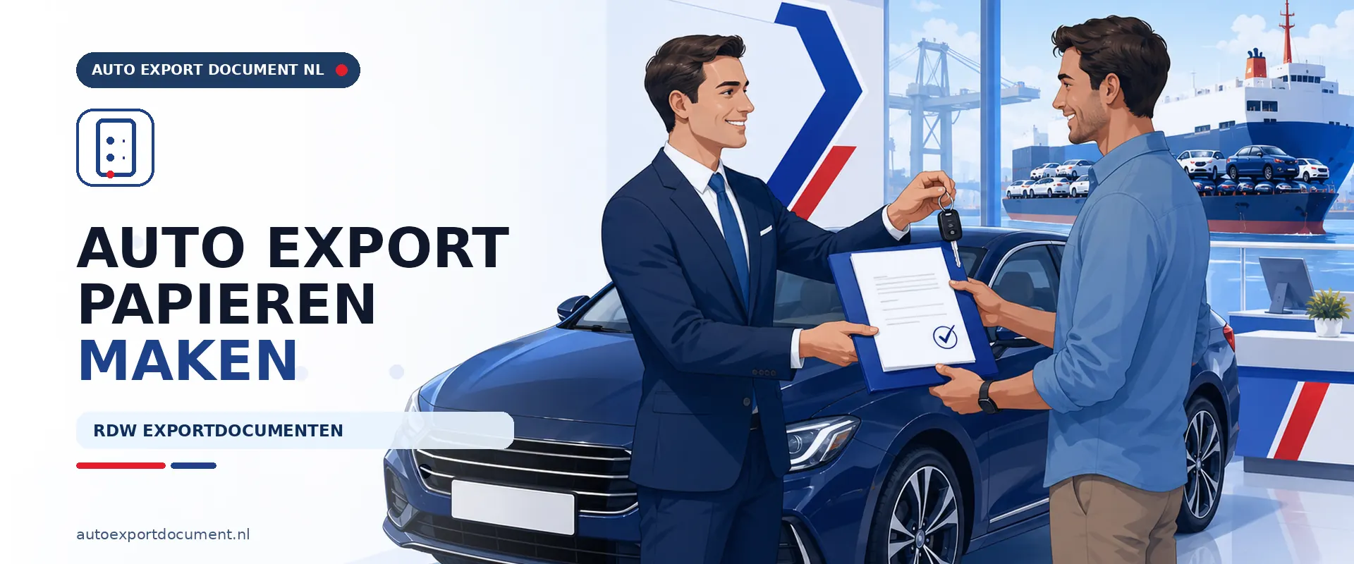 Auto export papieren maken – banner van Auto Export Document Nederland met RDW exportdocument, vrijwaringsbewijs en witte exportkentekens