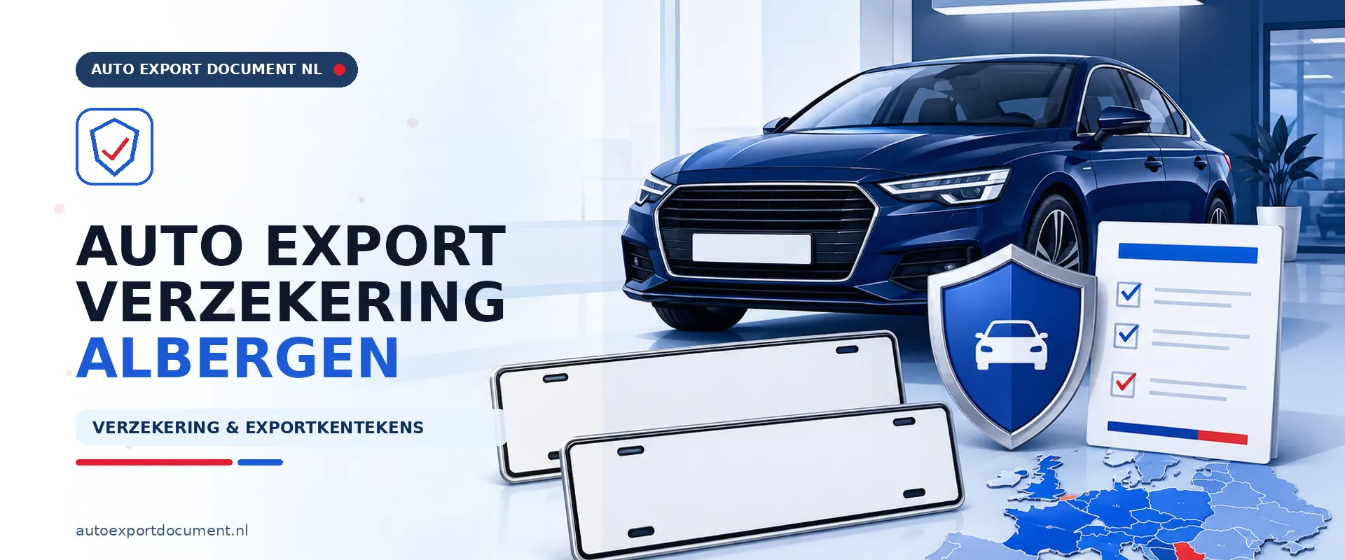 Auto export verzekering Albergen – banner van Auto Export Document met exportverzekering en witte exportkentekens voor auto export vanuit Albergen