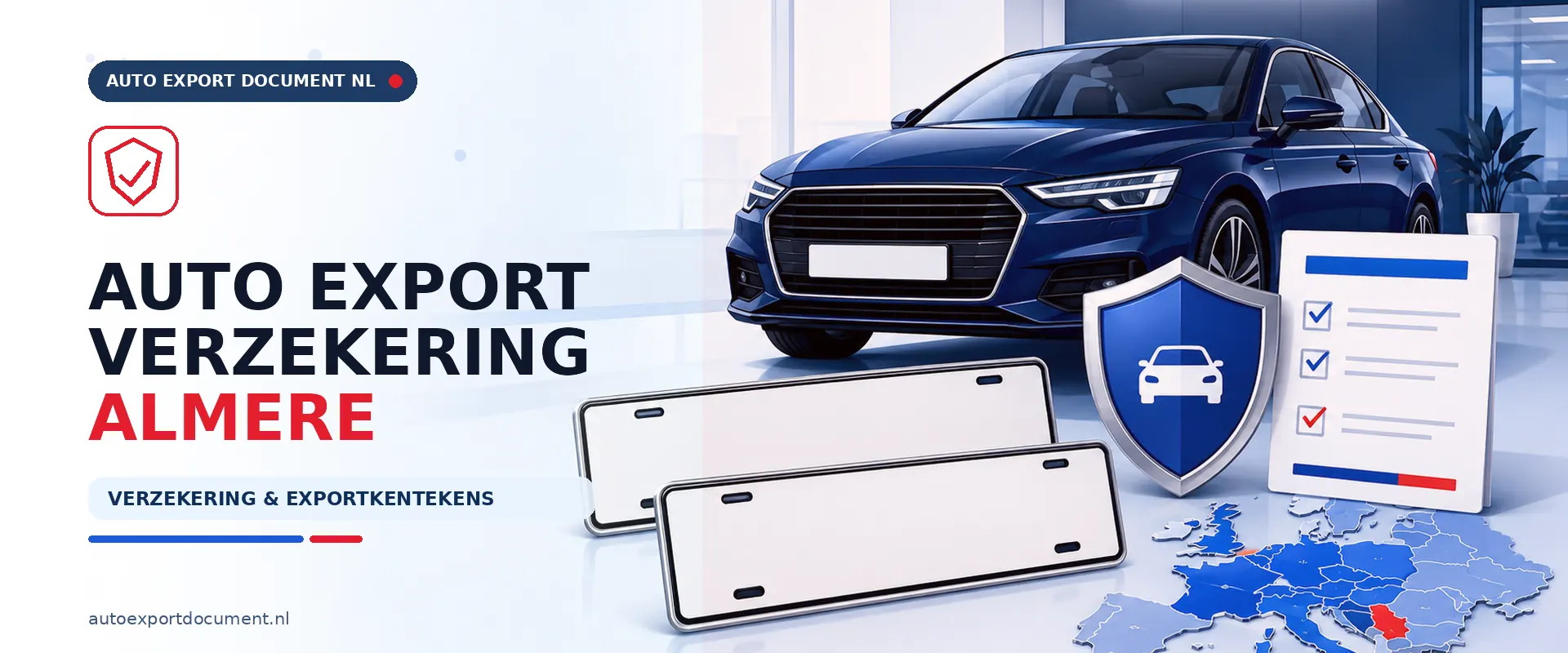 Auto export verzekering Almere – banner van Auto Export Document met exportverzekering en witte exportkentekens voor auto export vanuit Almere