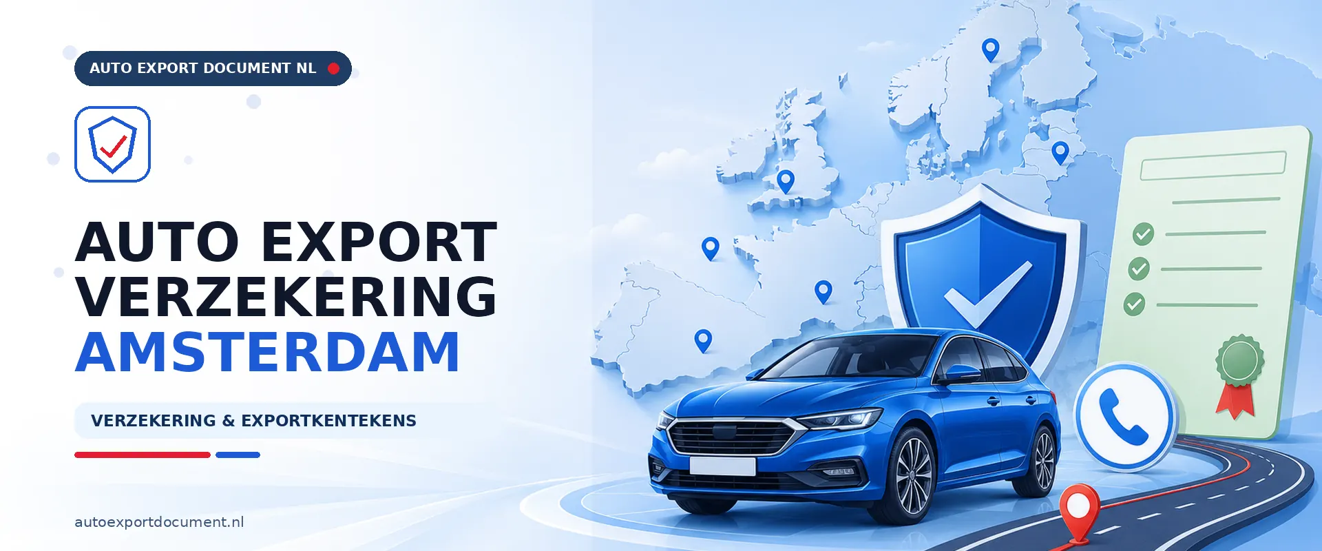 Auto export verzekering Amsterdam – banner van Auto Export Document met exportverzekering en witte exportkentekens voor auto export vanuit Amsterdam