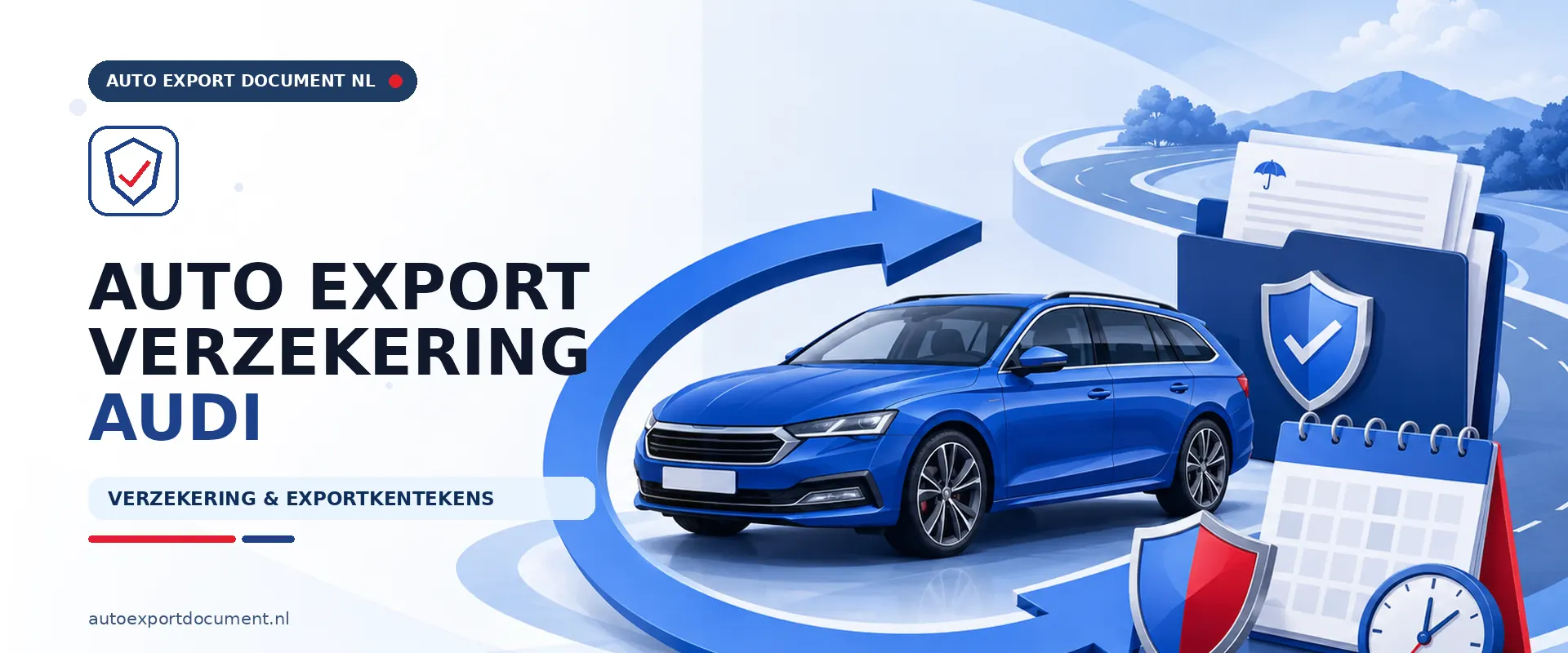 Auto export verzekering Audi – banner van Auto Export Document met exportverzekering en witte exportkentekens voor uw Audi bij export vanuit Nederland