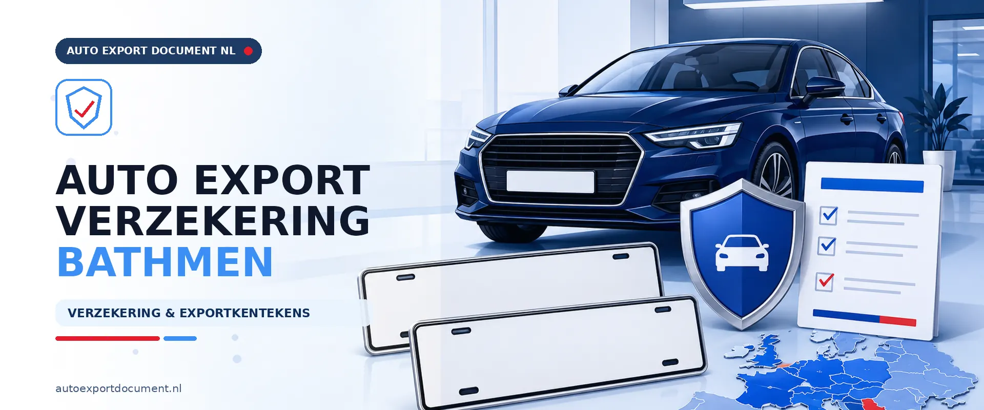 Auto export verzekering Bathmen – banner van Auto Export Document met exportverzekering en witte exportkentekens voor auto export vanuit Bathmen