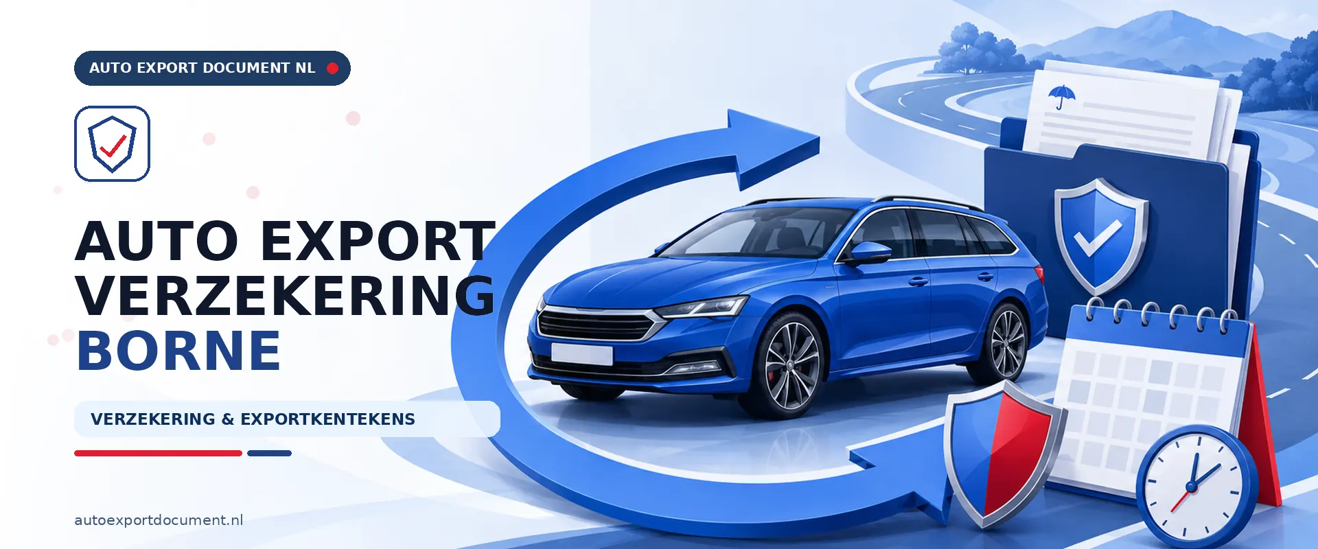 Auto export verzekering Borne – banner van Auto Export Document met exportverzekering en witte exportkentekens voor auto export vanuit Borne