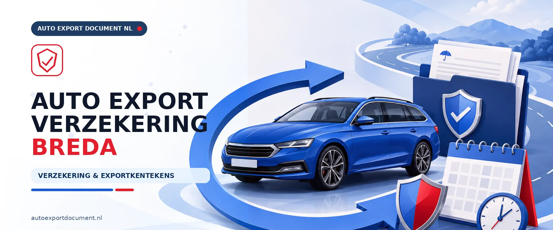 Auto export verzekering Breda – banner van Auto Export Document met exportverzekering en witte exportkentekens voor auto export vanuit Breda
