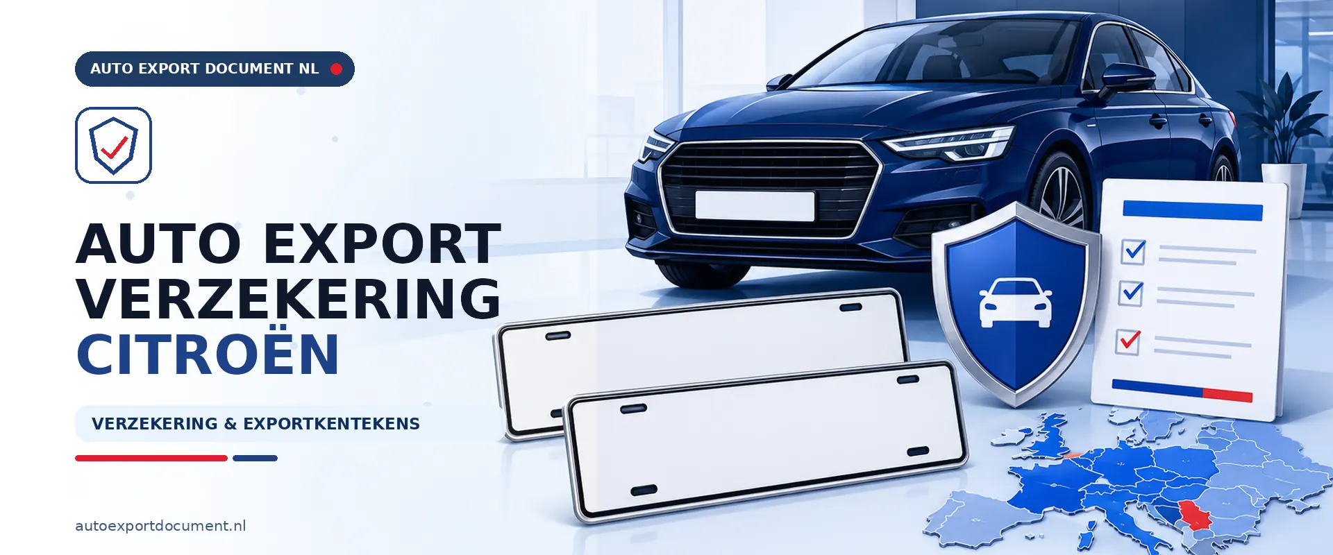 Auto export verzekering Citroën – banner van Auto Export Document met exportverzekering en witte exportkentekens voor uw Citroën bij export vanuit Nederland
