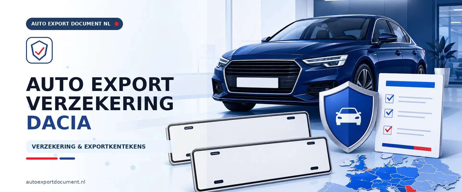 Auto export verzekering Dacia – banner van Auto Export Document met exportverzekering en witte exportkentekens voor uw Dacia bij export vanuit Nederland