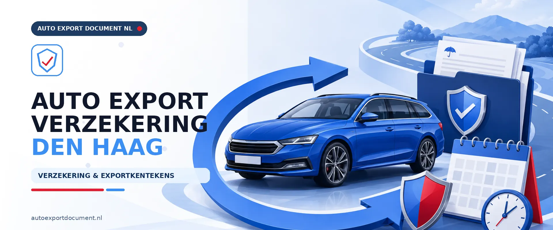 Auto export verzekering Den Haag – banner van Auto Export Document met exportverzekering en witte exportkentekens voor auto export vanuit Den Haag