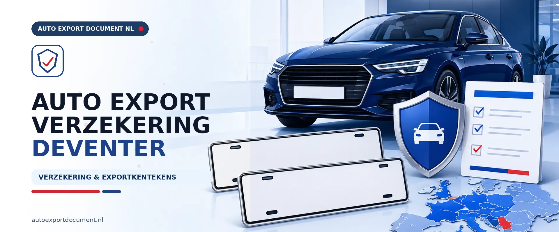 Auto export verzekering Deventer – banner van Auto Export Document met exportverzekering en witte exportkentekens voor auto export vanuit Deventer