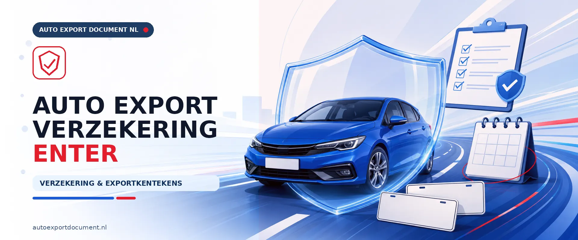 Auto export verzekering Enter – banner van Auto Export Document met exportverzekering en witte exportkentekens voor auto export vanuit Enter