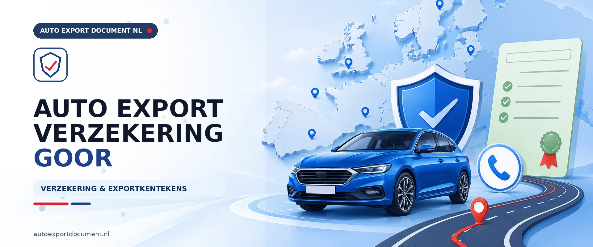 Auto export verzekering Goor – banner van Auto Export Document met exportverzekering en witte exportkentekens voor auto export vanuit Goor
