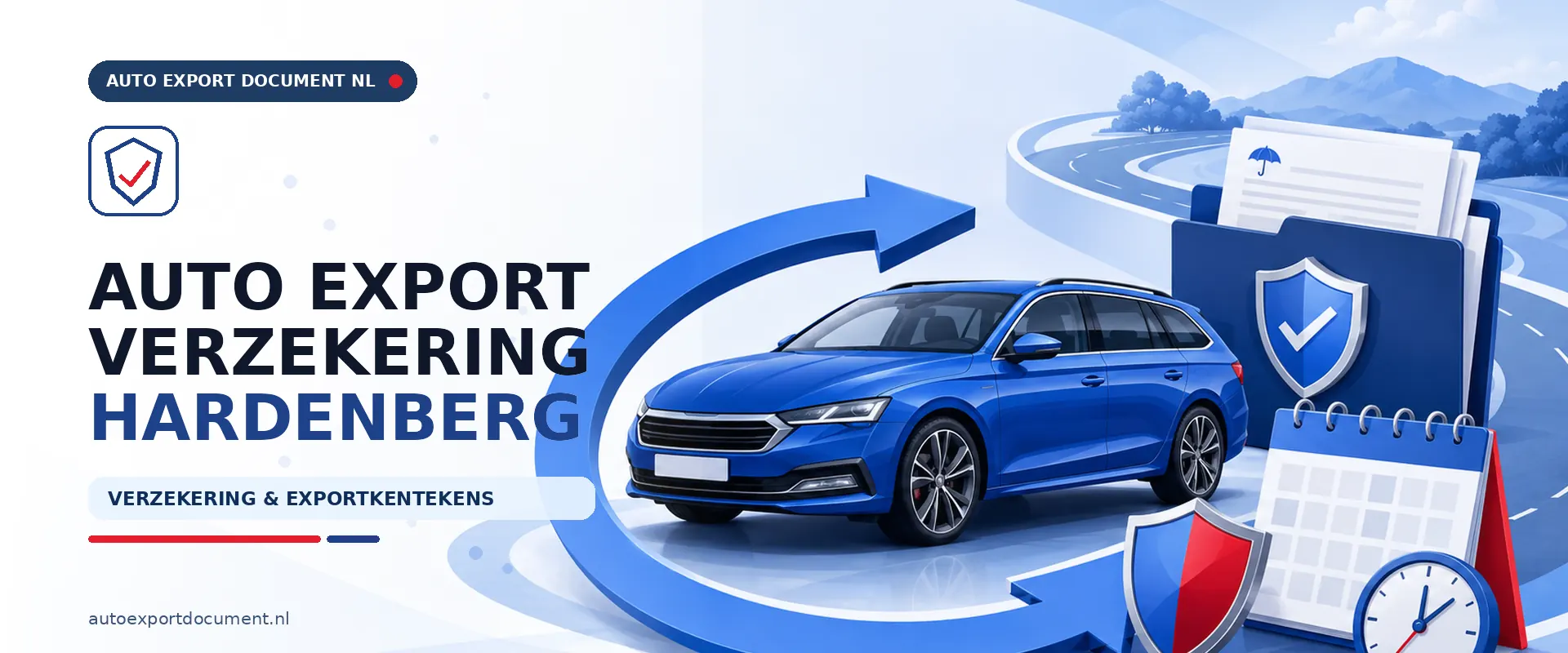 Auto export verzekering Hardenberg – banner van Auto Export Document met exportverzekering en witte exportkentekens voor auto export vanuit Hardenberg