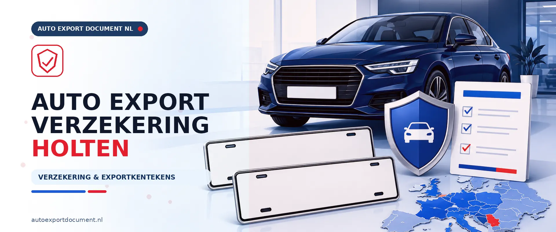 Auto export verzekering Holten – banner van Auto Export Document met exportverzekering en witte exportkentekens voor auto export vanuit Holten