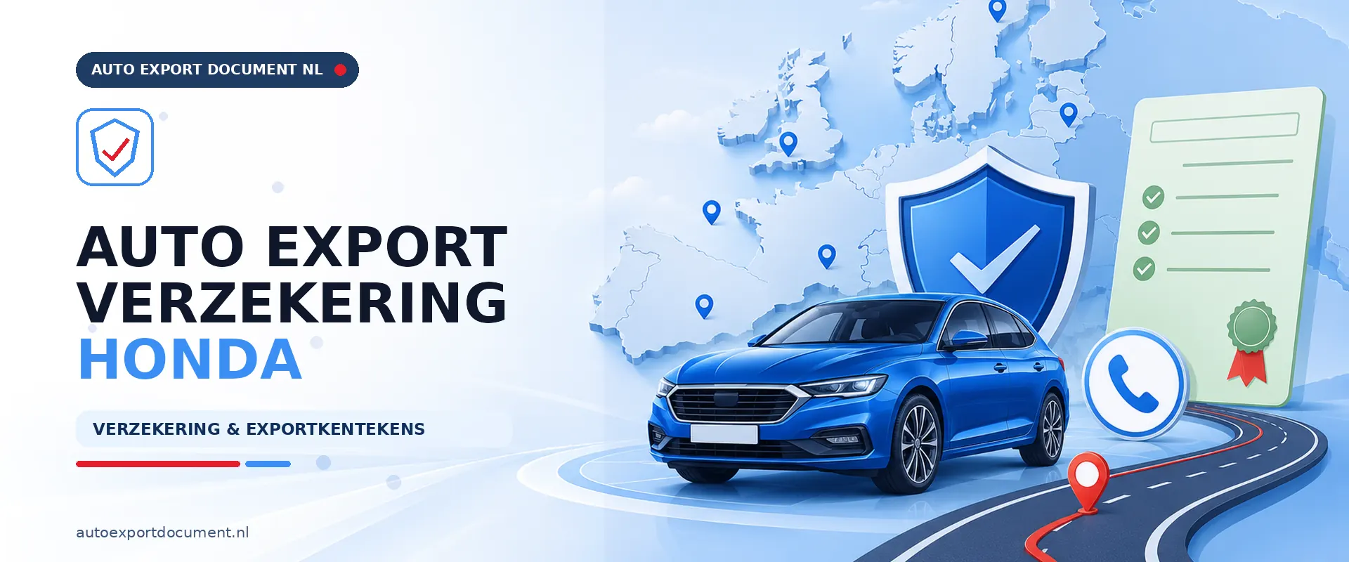 Auto export verzekering Honda – banner van Auto Export Document met exportverzekering en witte exportkentekens voor uw Honda bij export vanuit Nederland
