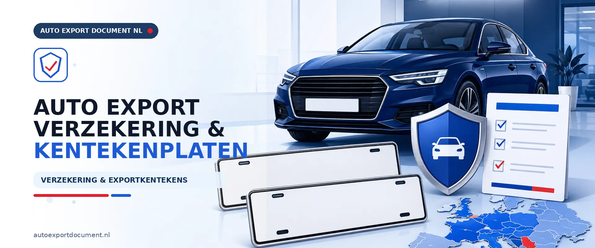 Auto export verzekering en kentekenplaten – banner van Auto Export Document met auto, exportverzekering en witte exportkentekenplaten voor export vanuit Nederland