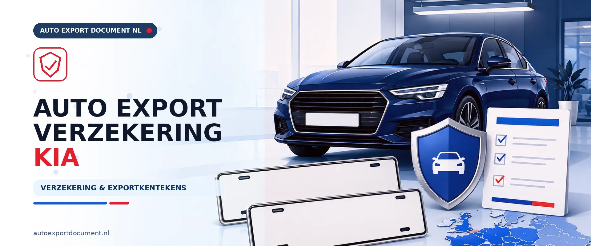 Auto export verzekering Kia – banner van Auto Export Document met exportverzekering en witte exportkentekens voor uw Kia bij export vanuit Nederland