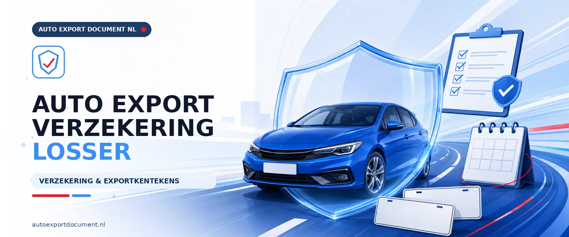 Auto export verzekering Losser – banner van Auto Export Document met exportverzekering en witte exportkentekens voor auto export vanuit Losser