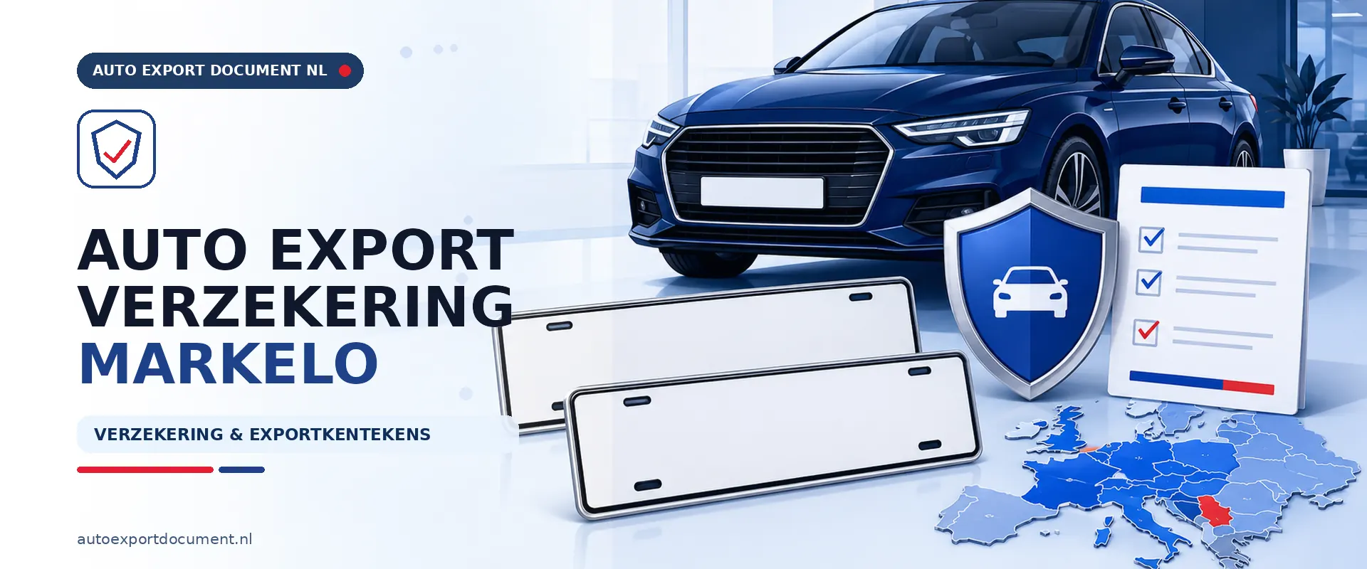 Auto export verzekering Markelo – banner van Auto Export Document met exportverzekering en witte exportkentekens voor auto export vanuit Markelo