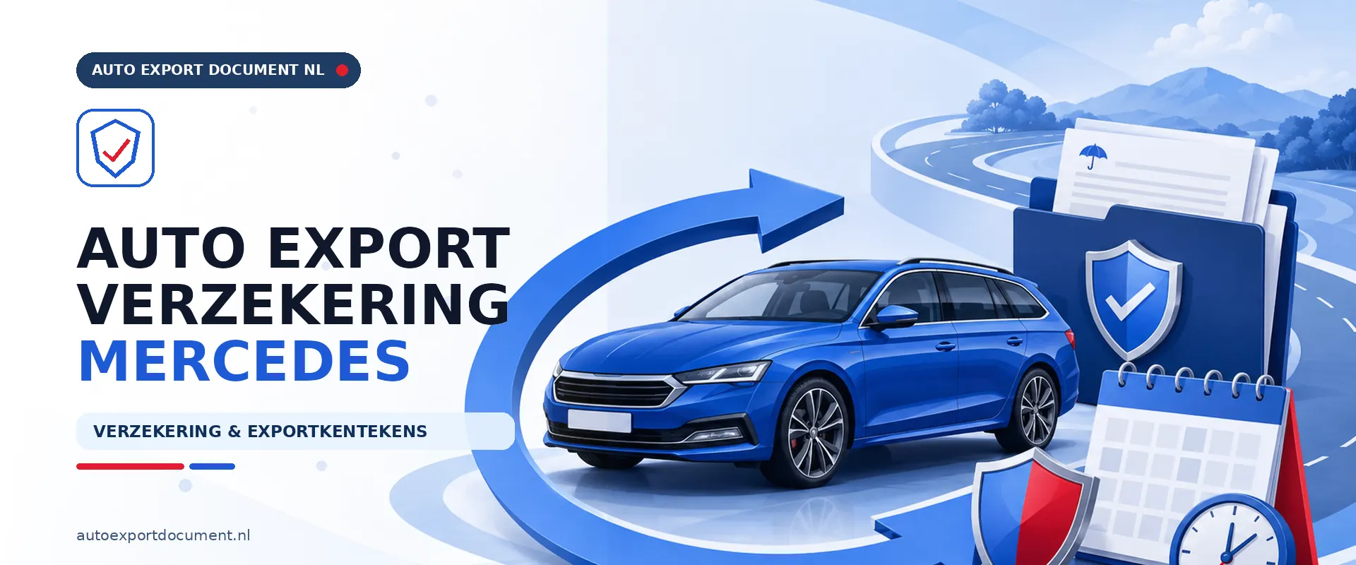 Auto export verzekering Mercedes – banner van Auto Export Document met exportverzekering en witte exportkentekens voor uw Mercedes bij export vanuit Nederland