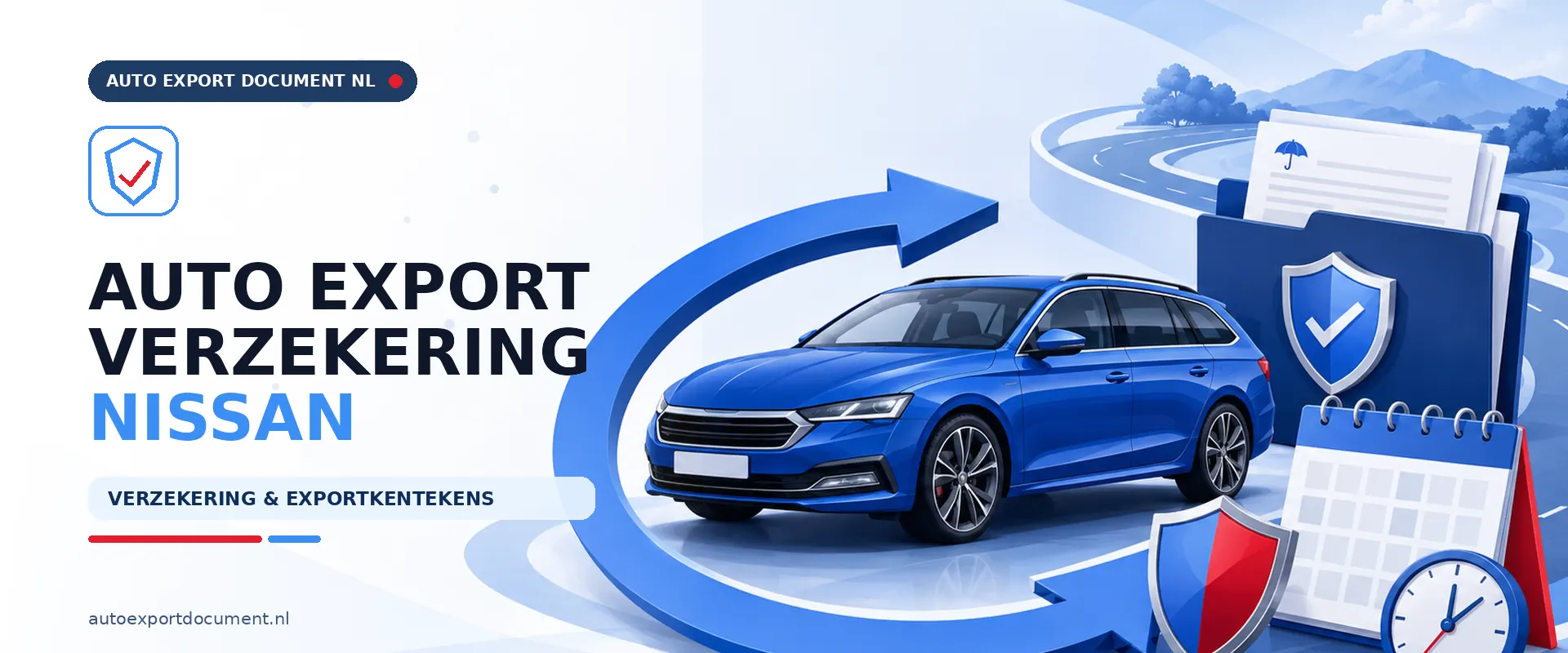 Auto export verzekering Nissan – banner van Auto Export Document met exportverzekering en witte exportkentekens voor uw Nissan bij export vanuit Nederland