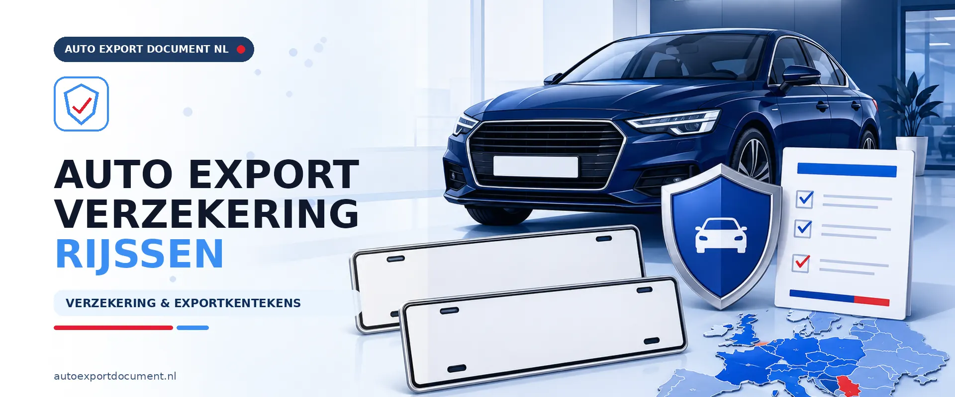 Auto export verzekering Rijssen – banner van Auto Export Document met exportverzekering en witte exportkentekens voor auto export vanuit Rijssen