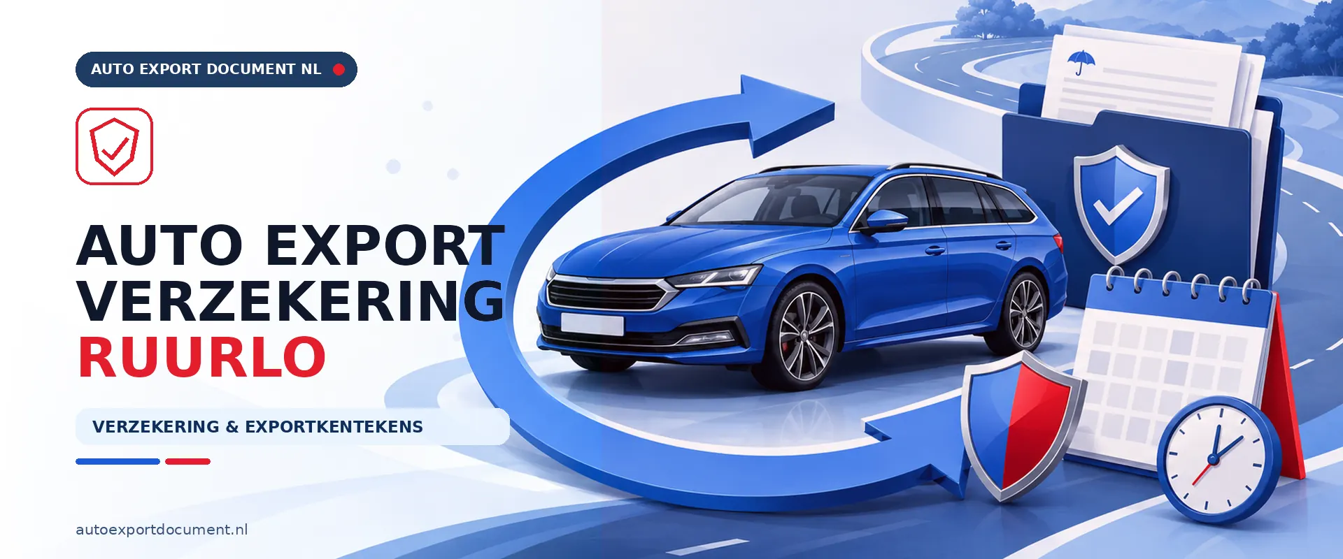 Auto export verzekering Ruurlo – banner van Auto Export Document met exportverzekering en witte exportkentekens voor auto export vanuit Ruurlo