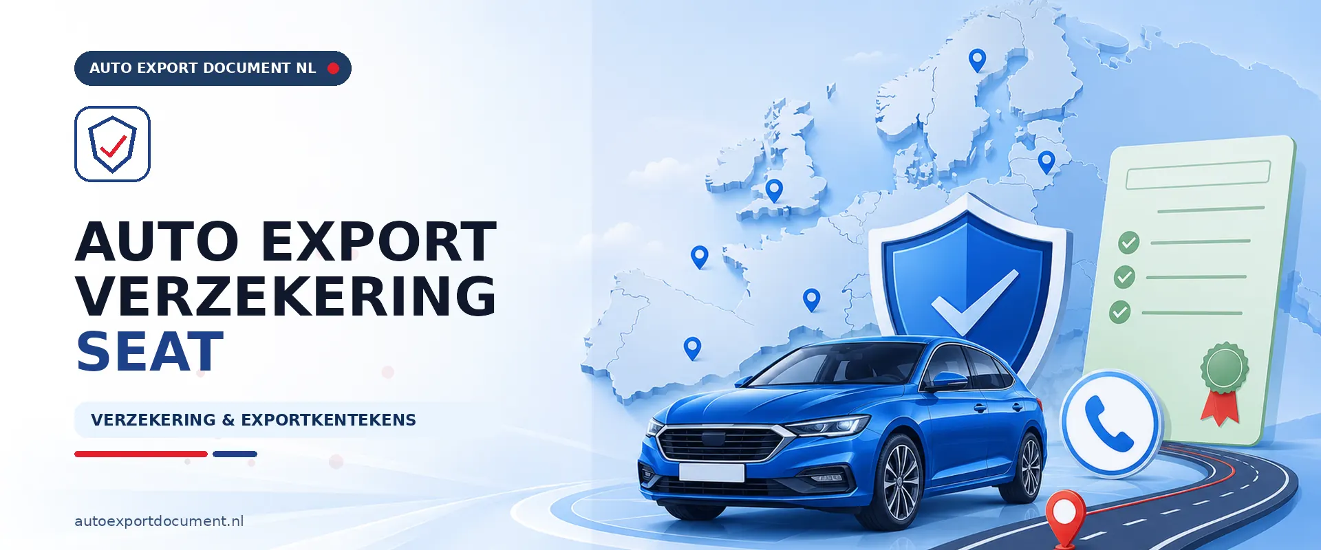 Auto export verzekering Seat – banner van Auto Export Document met exportverzekering en witte exportkentekens voor uw Seat bij export vanuit Nederland