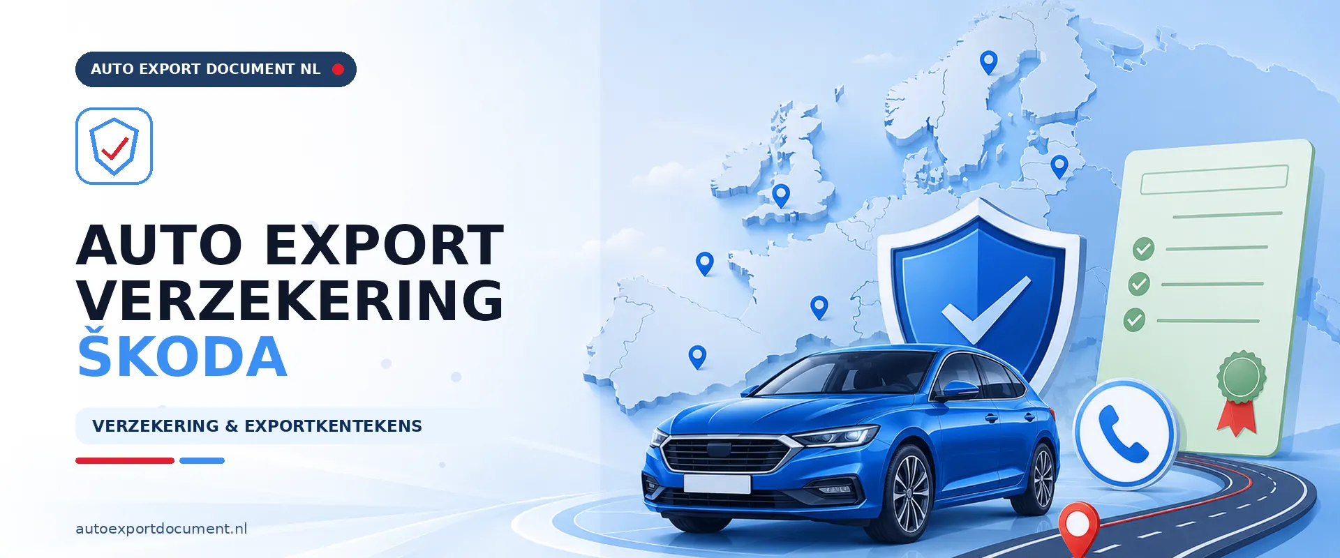 Auto export verzekering Skoda – banner van Auto Export Document met exportverzekering en witte exportkentekens voor uw Skoda bij export vanuit Nederland