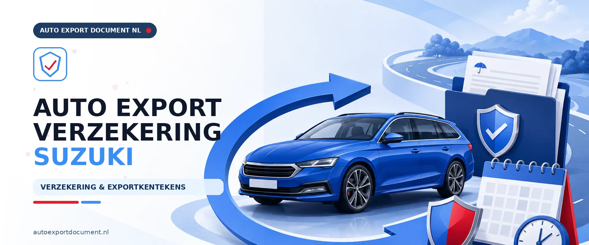 Auto export verzekering Suzuki – banner van Auto Export Document met exportverzekering en witte exportkentekens voor uw Suzuki bij export vanuit Nederland