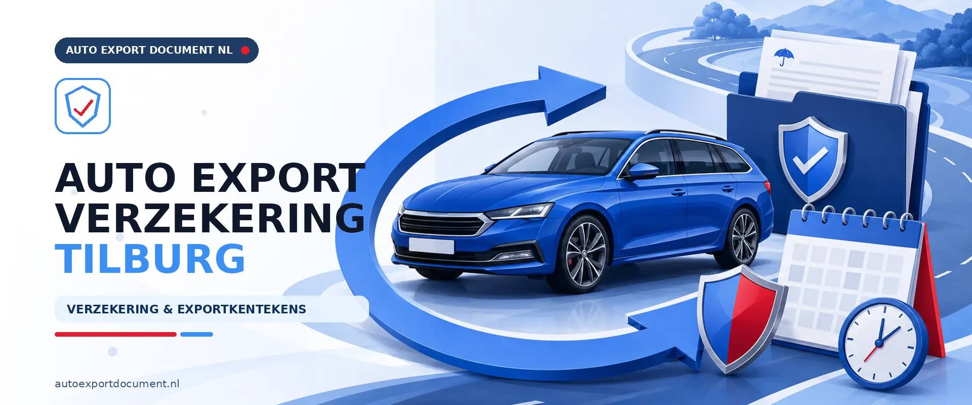 Auto export verzekering Tilburg – banner van Auto Export Document met exportverzekering en witte exportkentekens voor auto export vanuit Tilburg