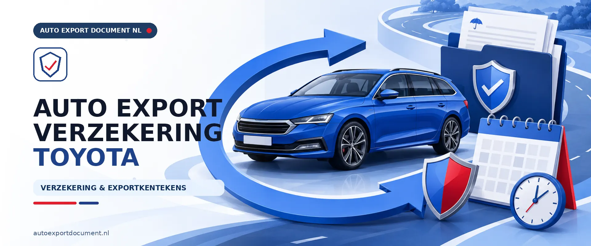 Auto export verzekering Toyota – banner van Auto Export Document met exportverzekering en witte exportkentekens voor uw Toyota bij export vanuit Nederland