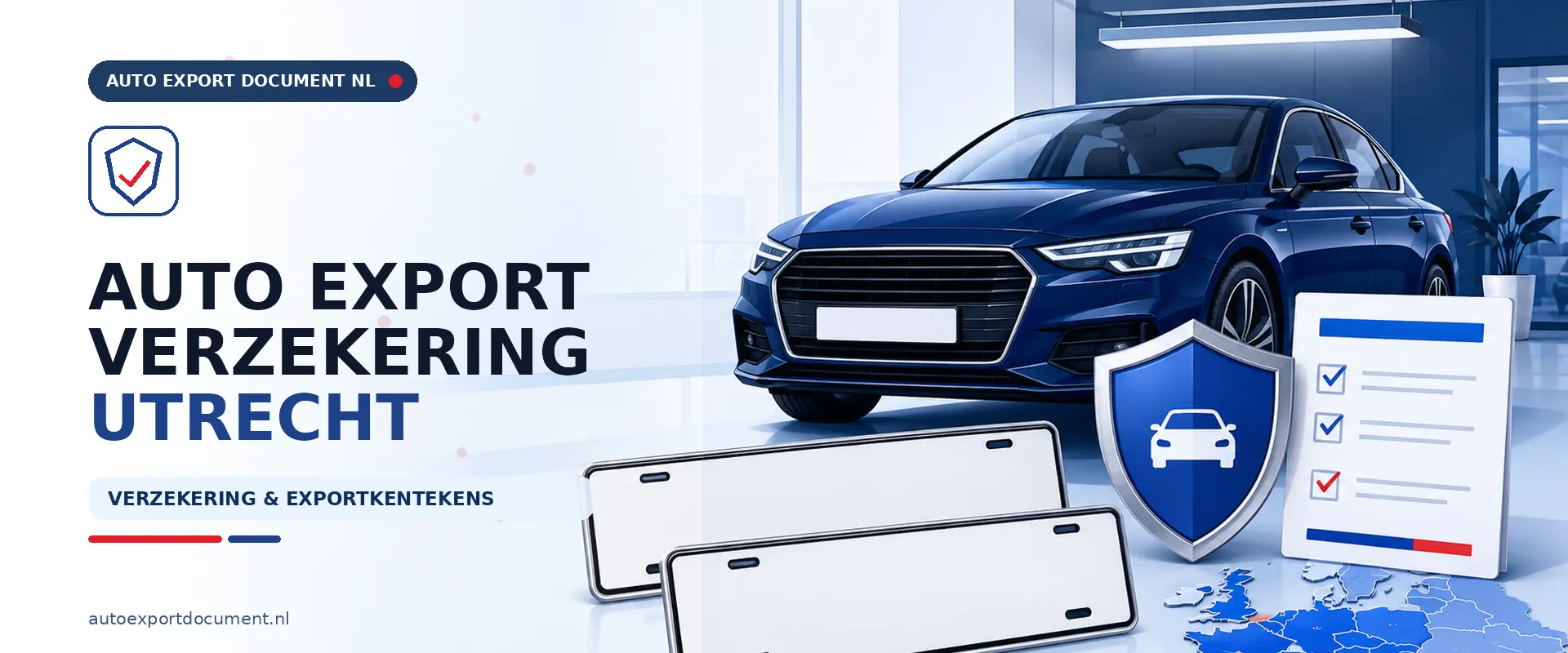 Auto export verzekering Utrecht – banner van Auto Export Document met exportverzekering en witte exportkentekens voor auto export vanuit Utrecht