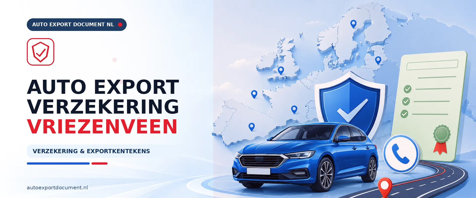 Auto export verzekering Vriezenveen – banner van Auto Export Document met exportverzekering en witte exportkentekens voor auto export vanuit Vriezenveen