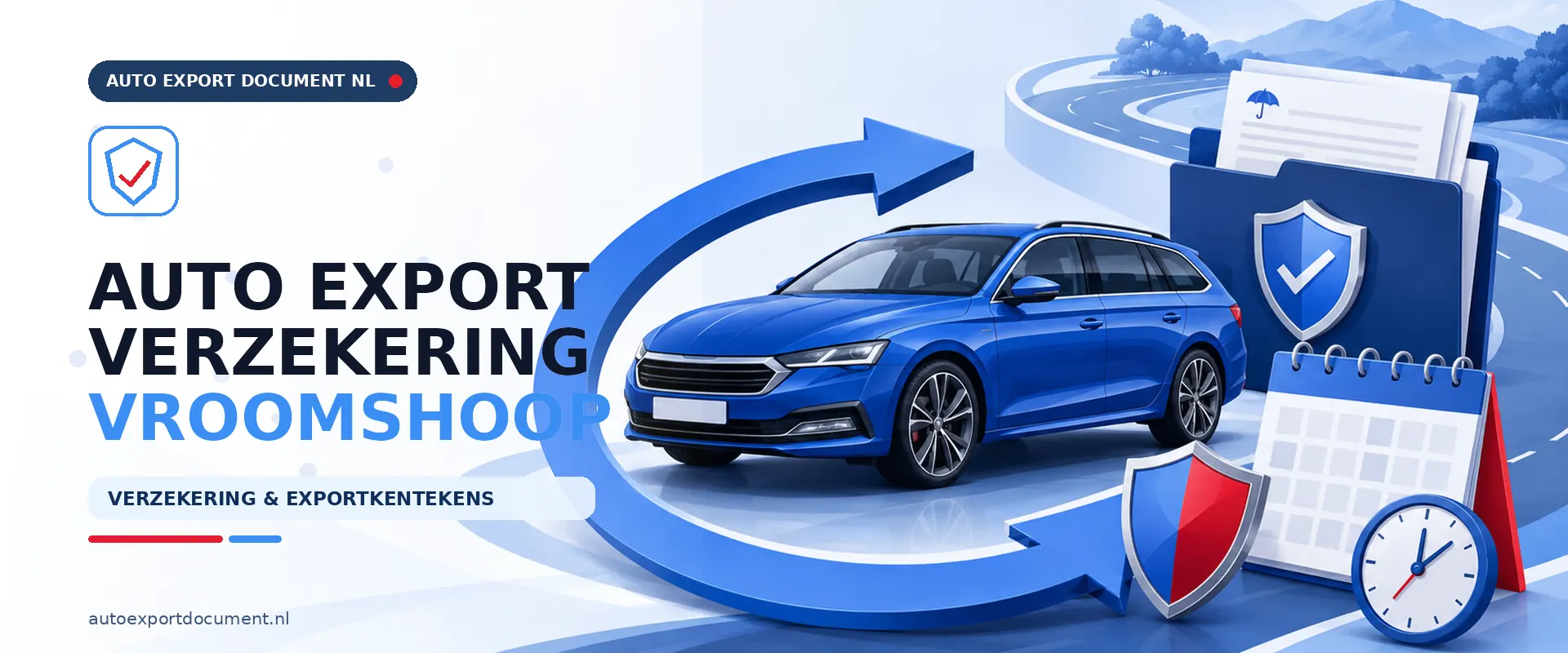 Auto export verzekering Vroomshoop – banner van Auto Export Document met exportverzekering en witte exportkentekens voor auto export vanuit Vroomshoop
