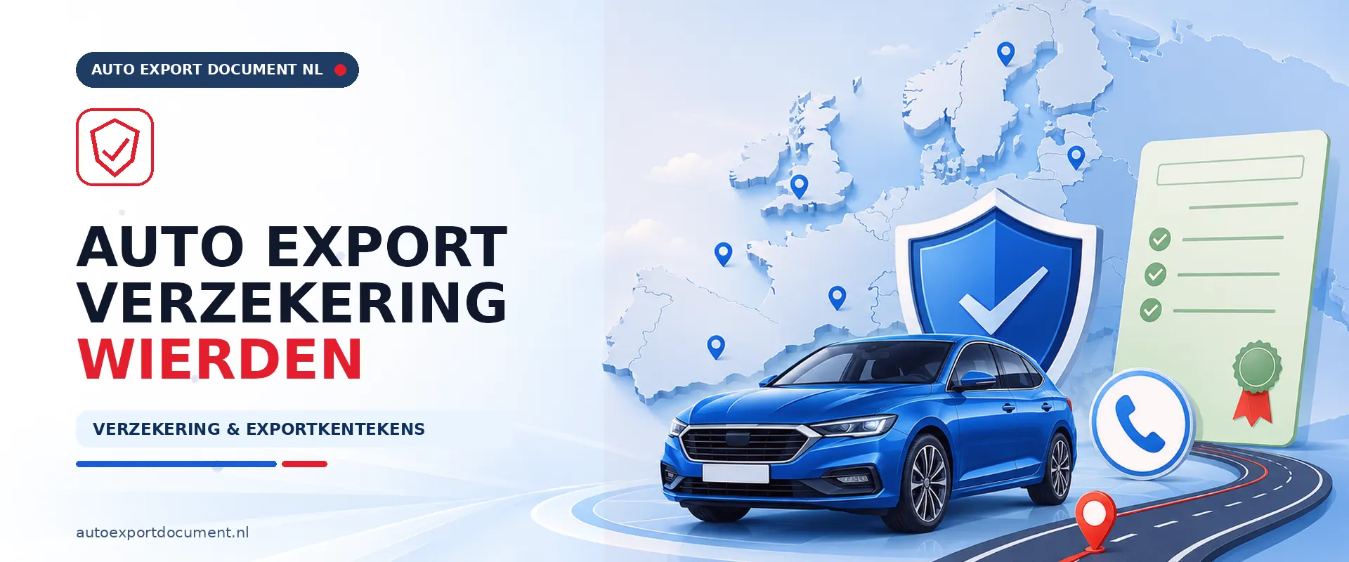 Auto export verzekering Wierden – banner van Auto Export Document met exportverzekering en witte exportkentekens voor auto export vanuit Wierden